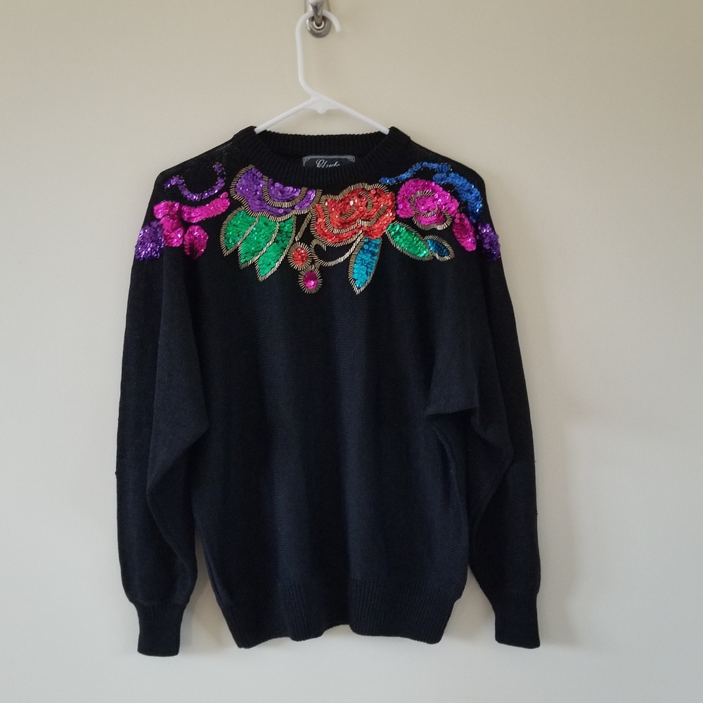 VTG 80s Beaded Sequin Maximalist Glam Statement Floral Artsy Black Sweater Small